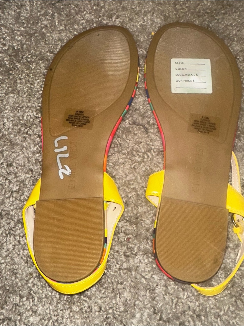 Nine West Yellow T-Strap Sandals with Rainbow Striped Footbed - Picture 6 of 6
